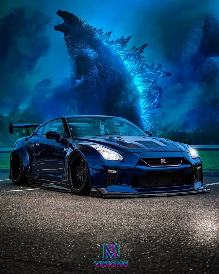 Picture of a GT-R with Godzilla in background.